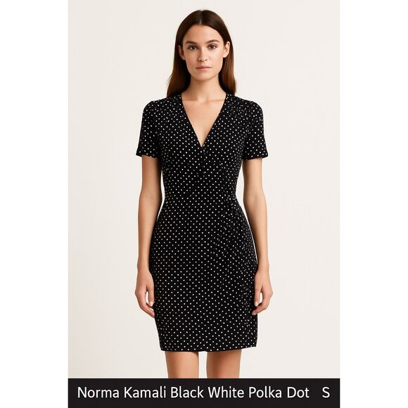 Norma Kamali Black White Polka Dot Faux Wrap Dress S Stretch Retro Style Deep V - Picture 2 of 6
